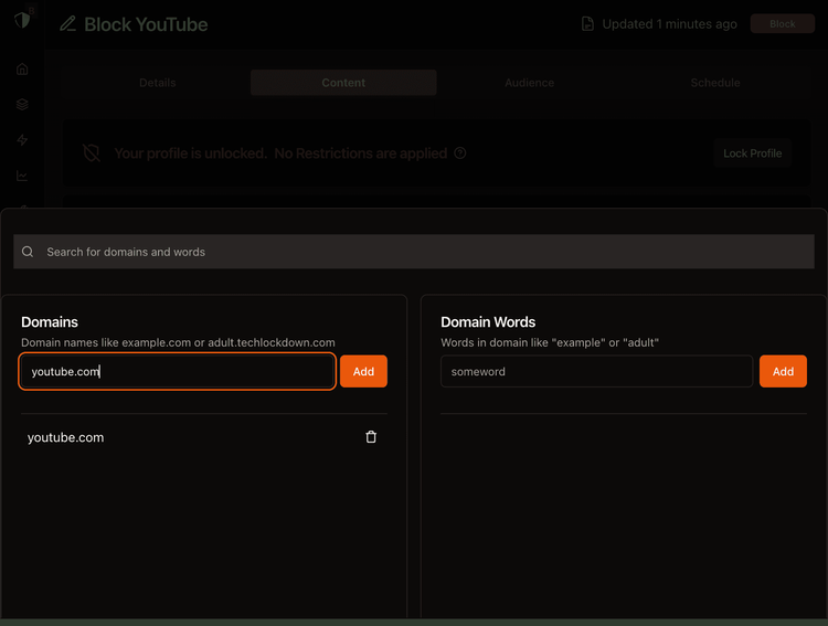 dashboard add youtube domain to block rule.png