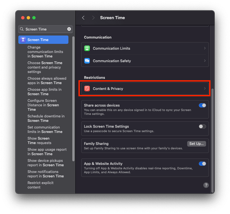 mac screen time content and privacy restrictions