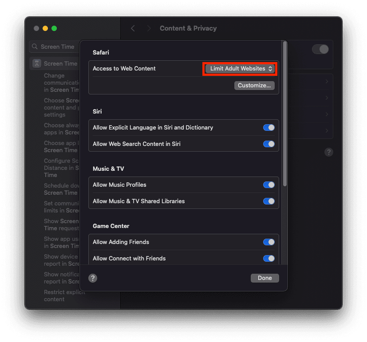 mac screen time limit adult sites
