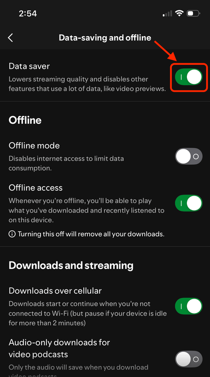 spotify data saver turned on highlighted.PNG